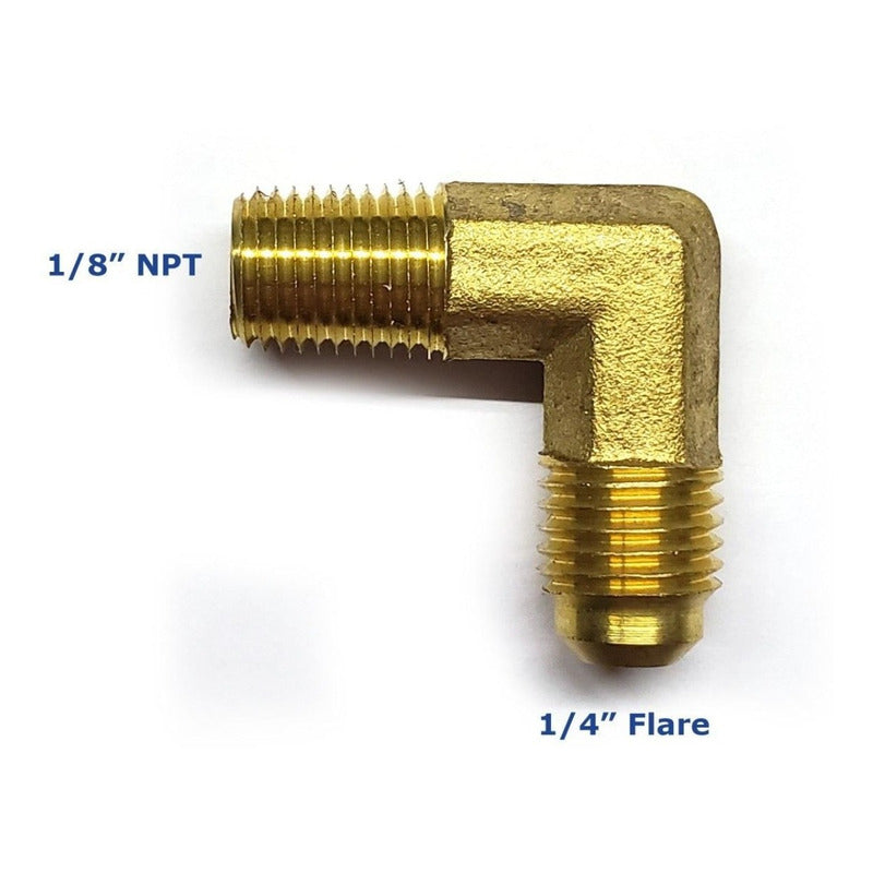Conector en codo Macho 90, fabricado en latón de 1/8" NPT X 1/4" Flare