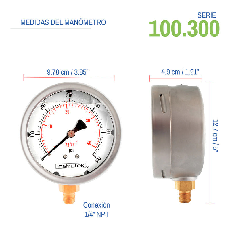 Manómetro 4", lleno de líquido (O.E.M.), 1/4" NPT, inferior, 600 psi-kg/cm2