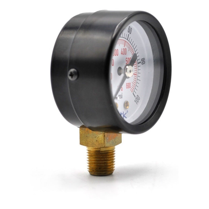 1.5" Standard, dry, pressure gauge, black steel case, 1/8" NPT, bottom connection, 0 to 100 psi-kPa