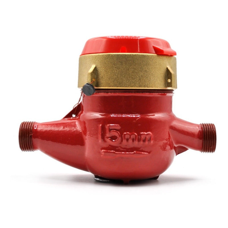 Medidor de agua tipo chorro múltiple, agua caliente, cuerpo de hierro, extremos roscados de 1/2", incluye los conectores de latón