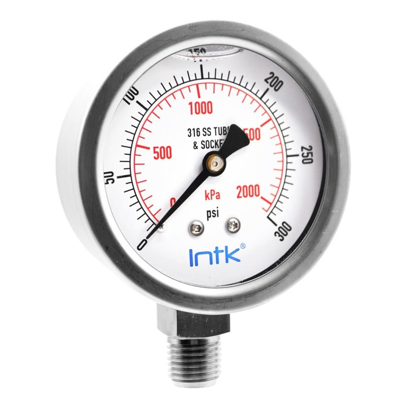 2.5” S.S. Liquid filled (O.E.M.), pressure gauge, 1/4” NPT, bottom connection, 0 to 300 psi-kPa