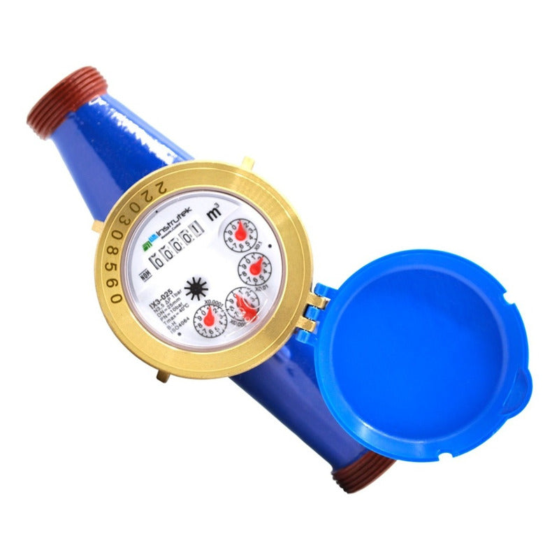Medidor de agua tipo chorro múltiple, cuerpo de hierro, extremos roscados de 1", incluye los conectores de latón