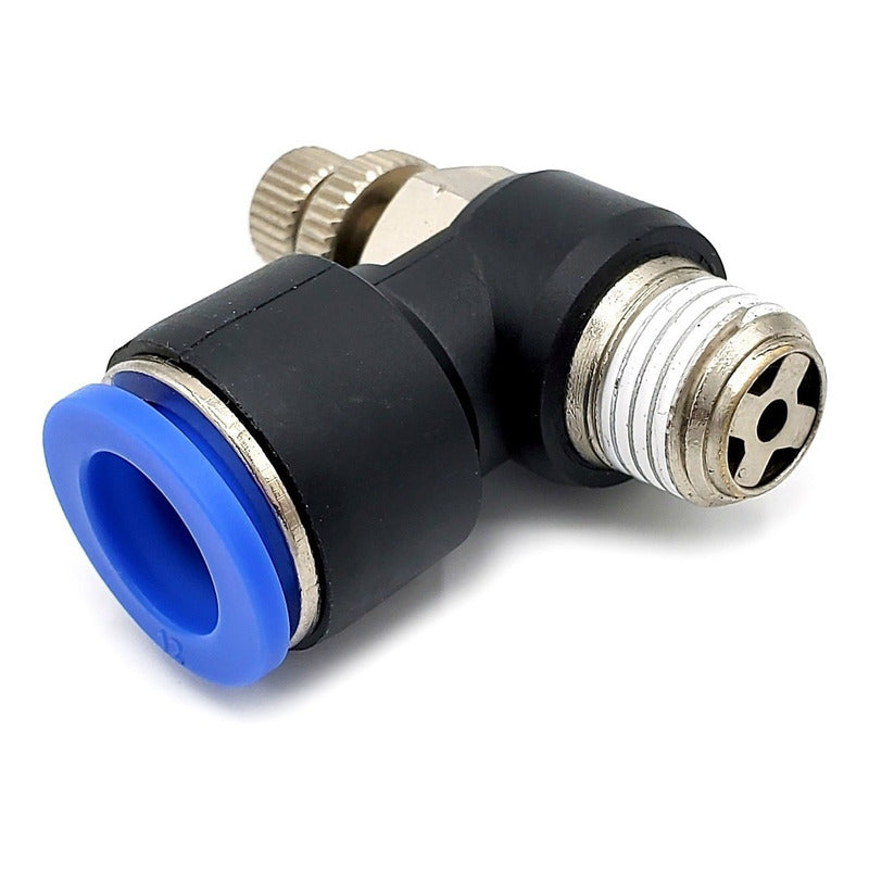 Conector / Regulador De Caudal Neumático Codo 1/4 Npt X 12mm