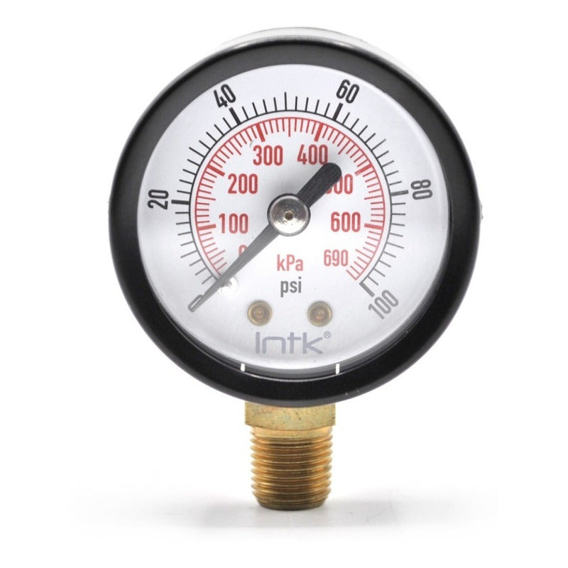 1.5" Standard, dry, pressure gauge, black steel case, 1/8" NPT, bottom connection, 0 to 100 psi-kPa