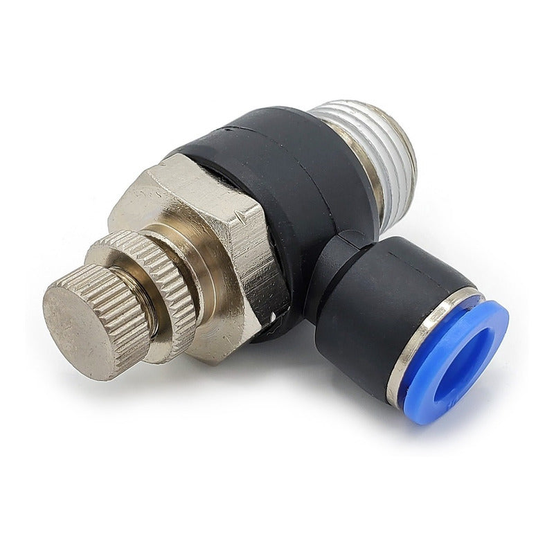 Conector / Regulador De Caudal Neumático Codo 1/2 Npt X 10 mm