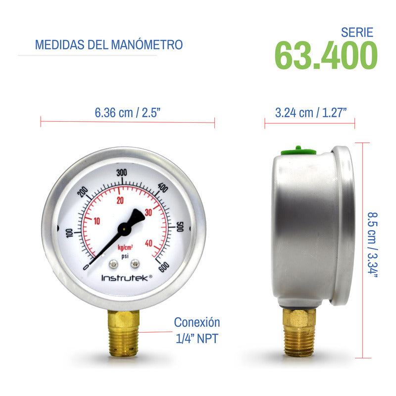 Manómetro 2.5", lleno de líquido premium, 1/4" NPT, inferior, 600 psi-kg/cm2