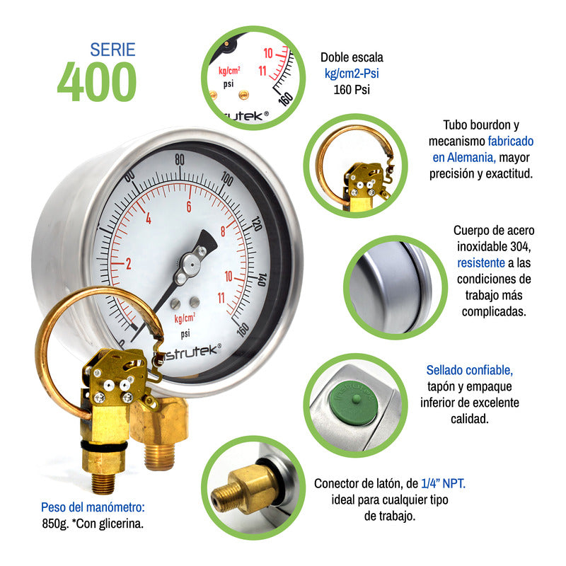 Manómetro 4", lleno de líquido premium, 1/4" NPT, inferior, 160 psi-kg/cm2
