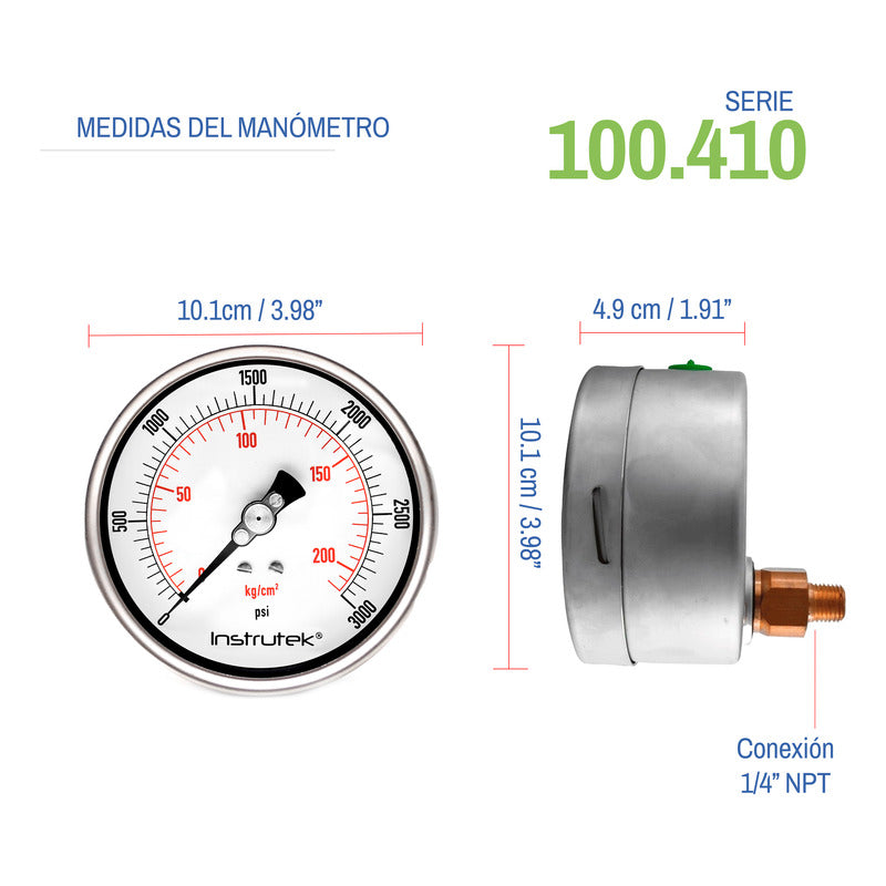 Manómetro 4", lleno de líquido premium, 1/4" NPT, posterior, 3000 psi-kg/cm2