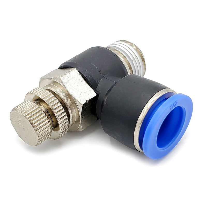 Conector / Regulador De Caudal Neumático Codo 3/8 Npt X 1/2"