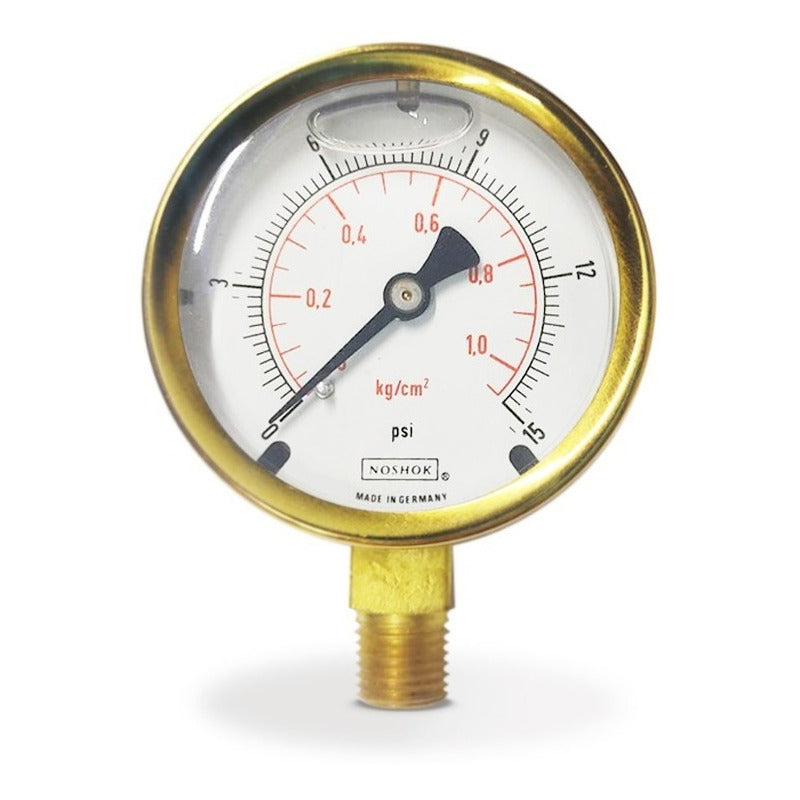 Manómetro 2.5", cuerpo de bronce, 1/4" NPT, inferior, 15 psi