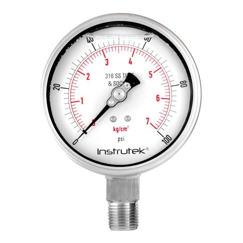 Manómetro 4", acero inoxidable, 1/2" NPT, inferior, 100 psi-kg/cm2