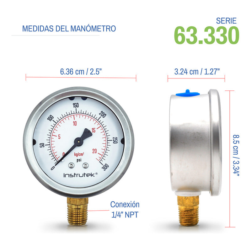 Manometer for Irrigation System with Glycerin 2.5 PLG, 300 Psi