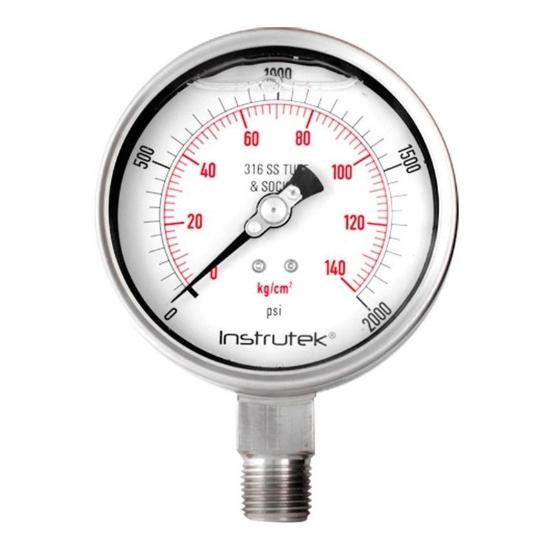 Manómetro 4", acero inoxidable, 1/2" NPT, inferior, 2000 psi-kg/cm2