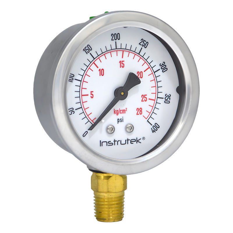 Manómetro 2.5", lleno de líquido premium, 1/4" NPT, inferior, 400 psi-kg/cm2