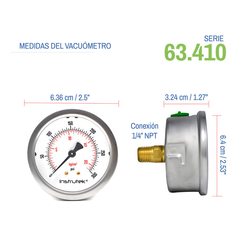 Manómetro Premium Inox Glicerina 2.5 Plg, 300 Psi