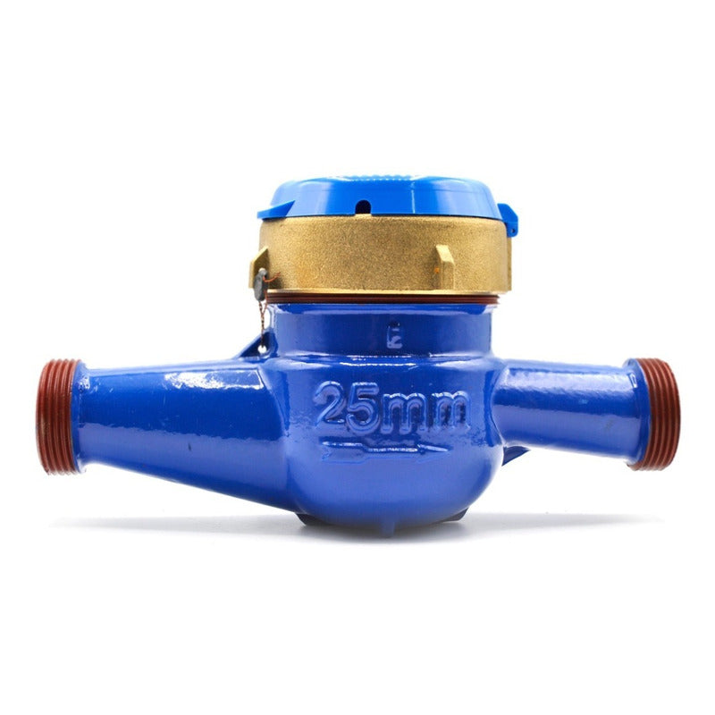 Medidor de agua tipo chorro múltiple, cuerpo de hierro, extremos roscados de 1", incluye los conectores de latón