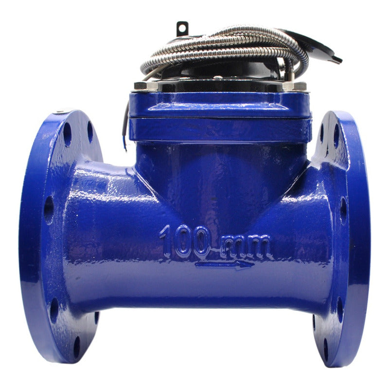 Medidor de agua tipo turbina, cuerpo de hierro fundido con registro hermético y transmisión magnética. Extremos en 3", bridas ANSI.