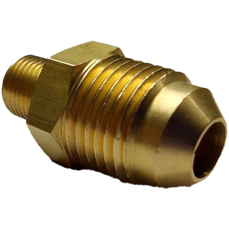 Conector macho, fabricado en latón (dorado) de 1/8" NPT x 3/8" flare.