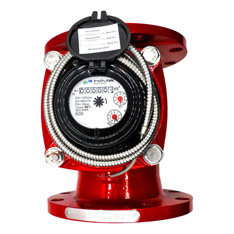 Medidor de agua caliente tipo turbina, cuerpo de hierro fundido con registro hermético y transmisión magnética. Extremos en 4", bridas ANSI.