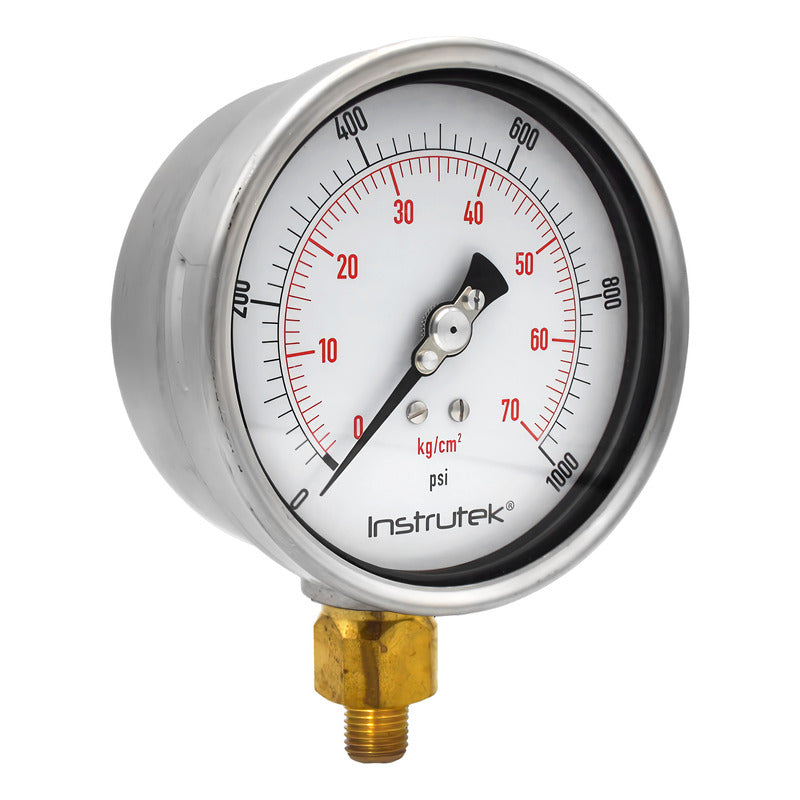 Manómetro 4", lleno de líquido premium, 1/4" NPT, inferior, 1000 psi-kg/cm2