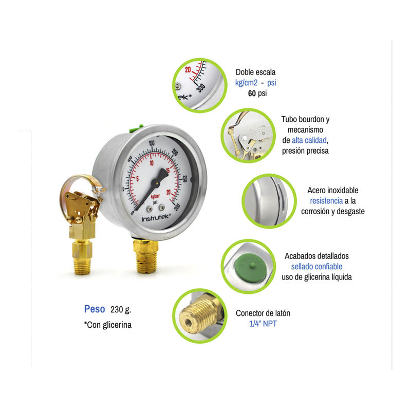 Premium Stainless Steel Glycerin Pressure Gauge, 2.5 Inch Dial, 60 Psi