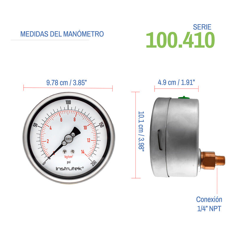 Manómetro 4", lleno de líquido premium, 1/4" NPT, posterior, 200 psi-kg/cm2