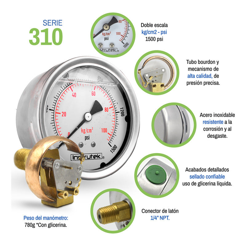 Manómetro 4", lleno de líquido (O.E.M.), 1/4" NPT, posterior, 1500 psi-kg/cm2