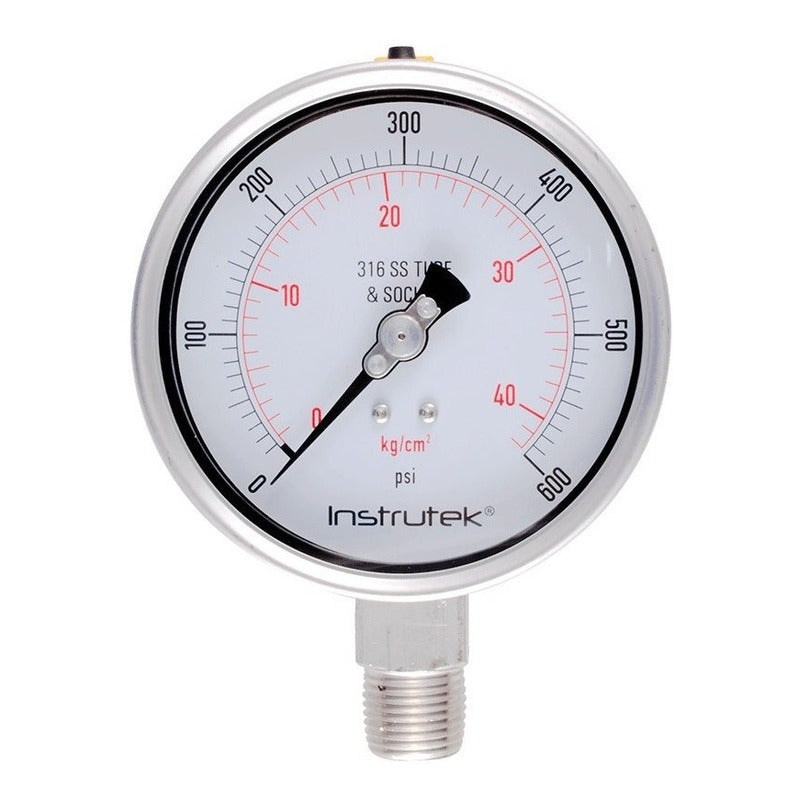 Manómetro 4", acero inoxidable, 1/2" NPT, inferior, 600 psi-kg/cm2