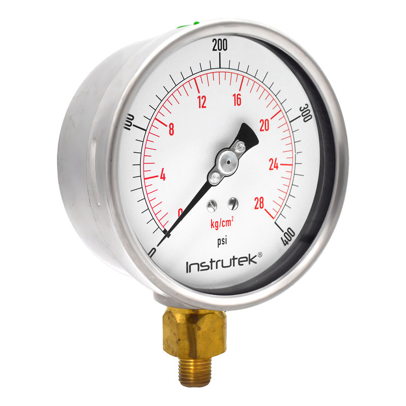 Manómetro 4", lleno de líquido premium, 1/4" NPT, inferior, 400 psi-kg/cm2
