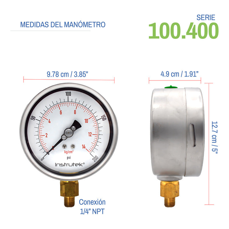 Manómetro 4", lleno de líquido premium, 1/4" NPT, inferior, 200 psi-kg/cm2