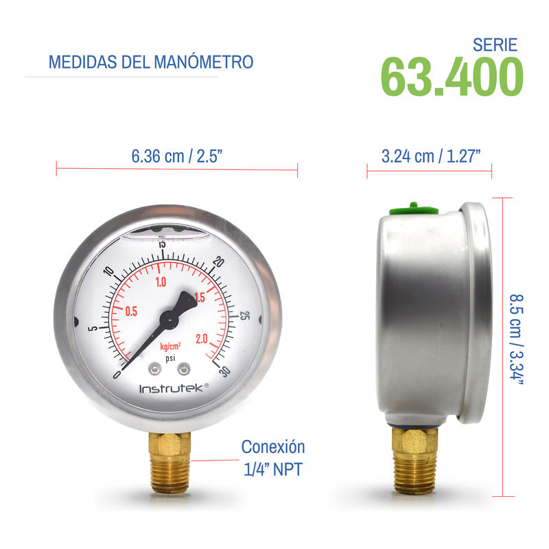 Manómetro 2.5", lleno de líquido premium, 1/4" NPT, inferior, 30 psi-kg/cm2