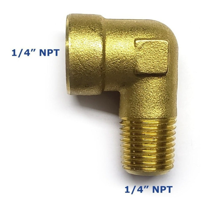 Conector en codo 90 hembra - macho, fabricado en latón (dorado) de 1/4" NPT x 1/4" NPT (M)