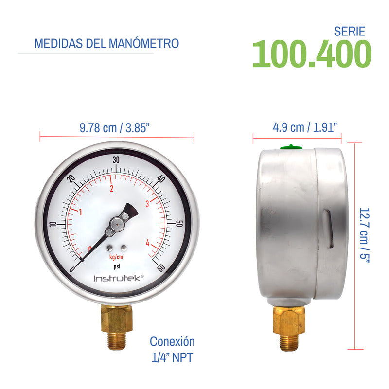 Manómetro 4", lleno de líquido premium, 1/4" NPT, inferior, 60 psi-kg/cm2