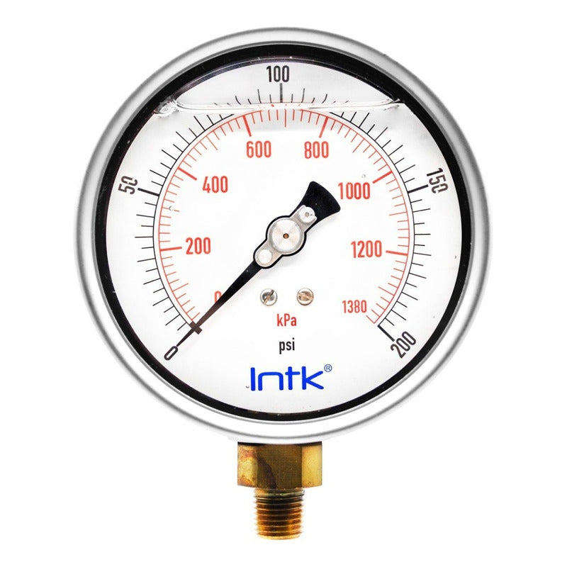 4” Liquid filled (O.E.M.), pressure gauge, 1/4” NPT, bottom connection, 0 to 200 psi-kPa