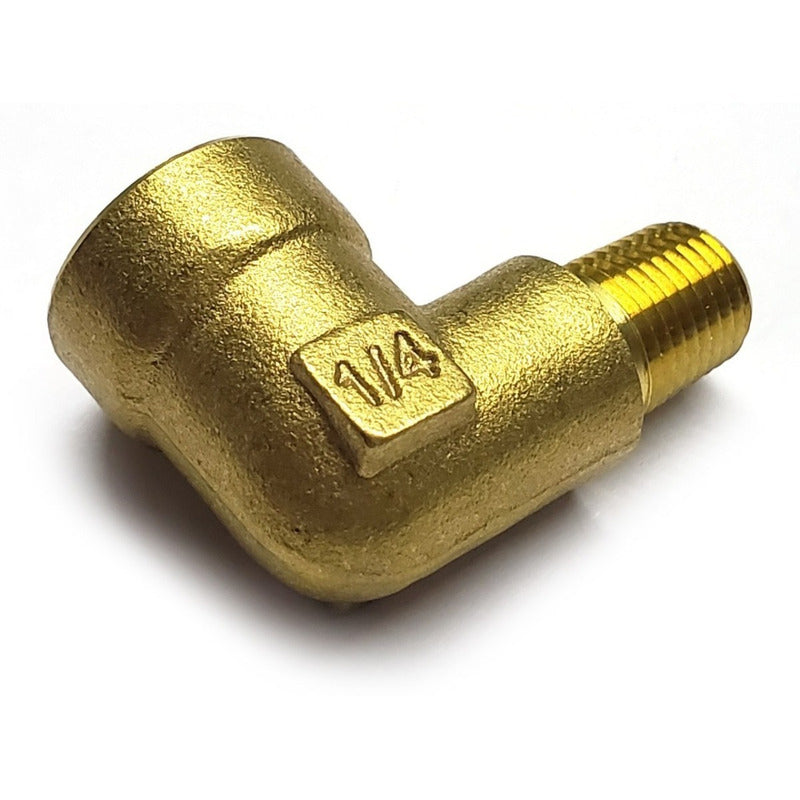 Conector en codo 90 hembra - macho, fabricado en latón (dorado) de 1/4" NPT x 1/8" NPT (M)