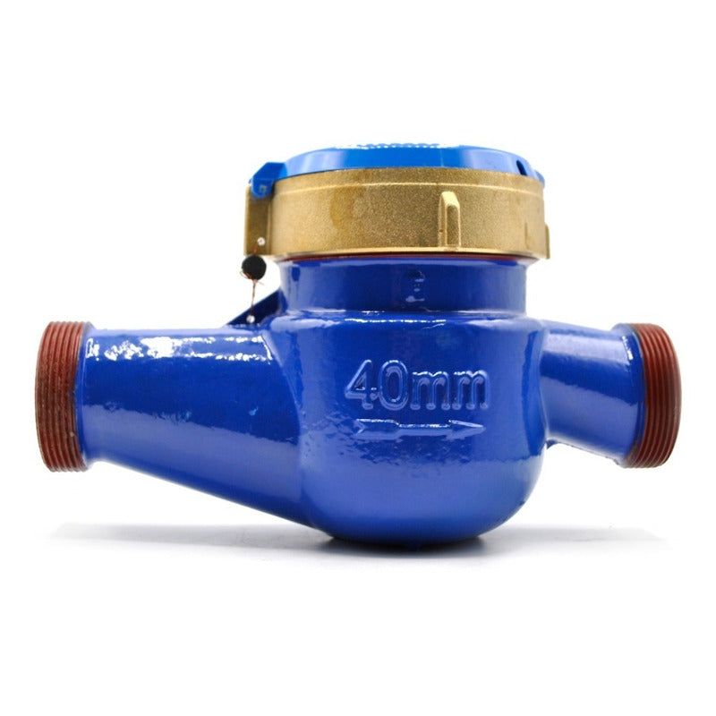 Medidor de agua tipo chorro múltiple, cuerpo de hierro, extremos roscados de 1 1/2", incluye los conectores de latón