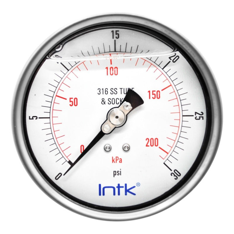 4” S.S. Liquid filled (O.E.M.), pressure gauge, 1/2” NPT, back connection, 0 to 30 psi-kPa