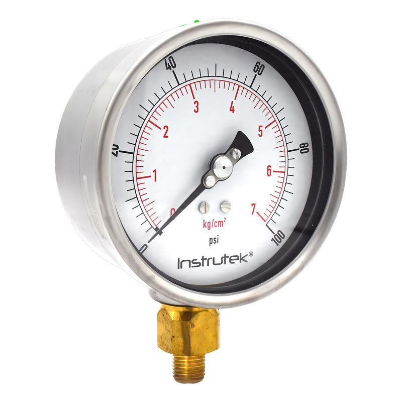 Manómetro 4", lleno de líquido premium, 1/4" NPT, inferior, 100 psi-kg/cm2