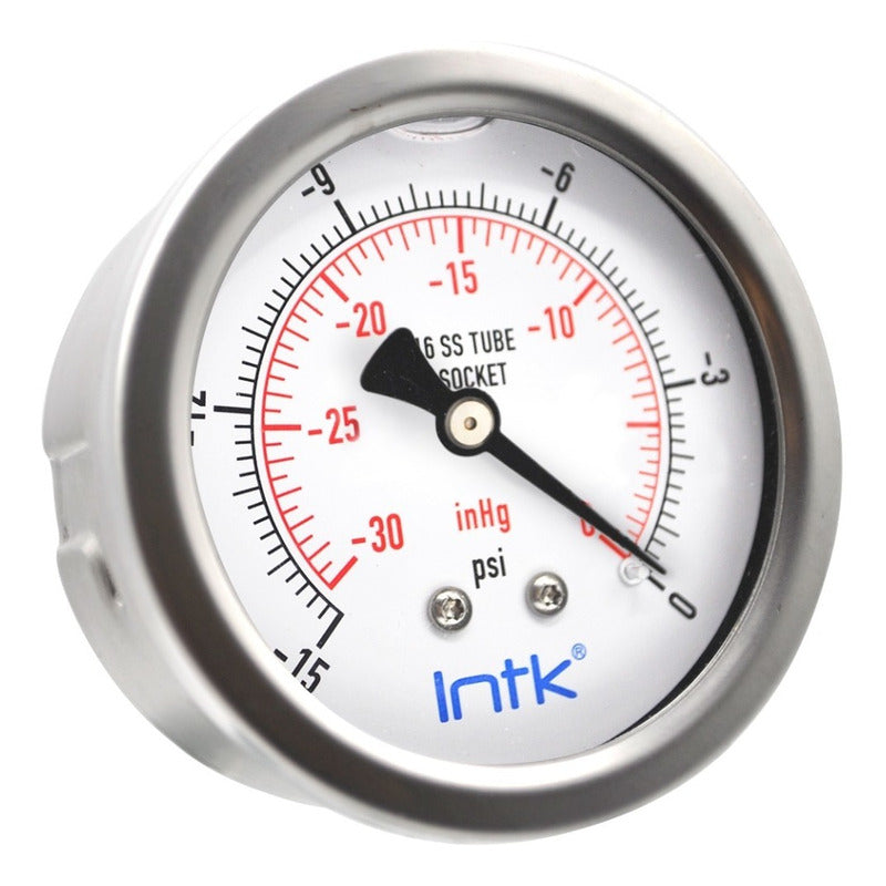 2.5” S.S. Liquid filled (O.E.M.), vacuum gauge, 1/4” NPT, back connection, 30 Vac inHg-cmHg