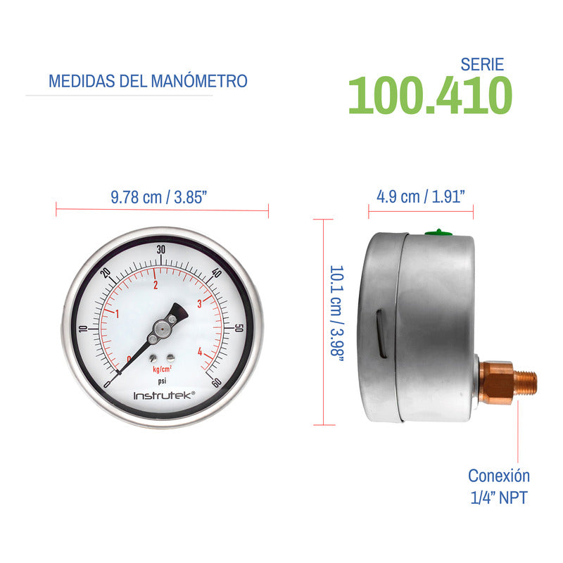 Manómetro 4", lleno de líquido premium, 1/4" NPT, posterior, 60 psi-kg/cm2