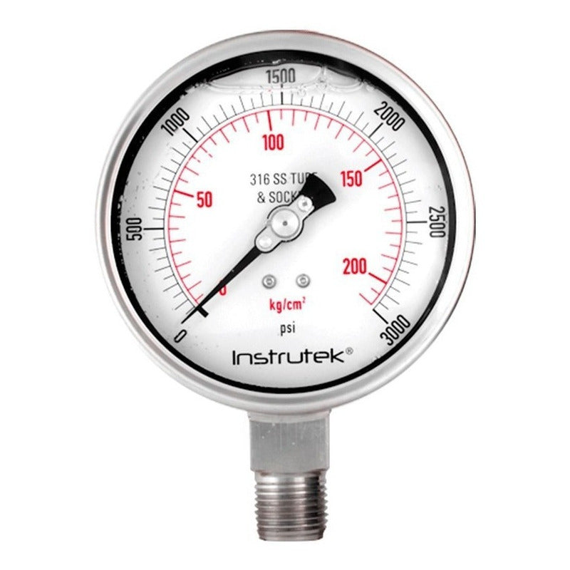 Manómetro 4", acero inoxidable, 1/2" NPT, inferior, 3000 psi-kg/cm2