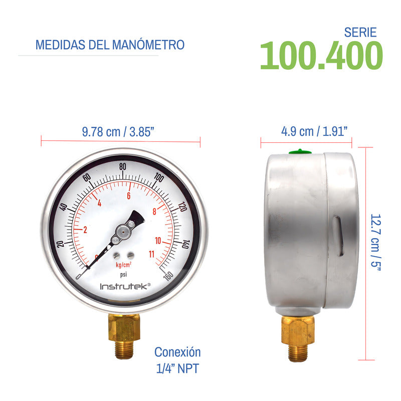 Manómetro 4", lleno de líquido premium, 1/4" NPT, inferior, 160 psi-kg/cm2