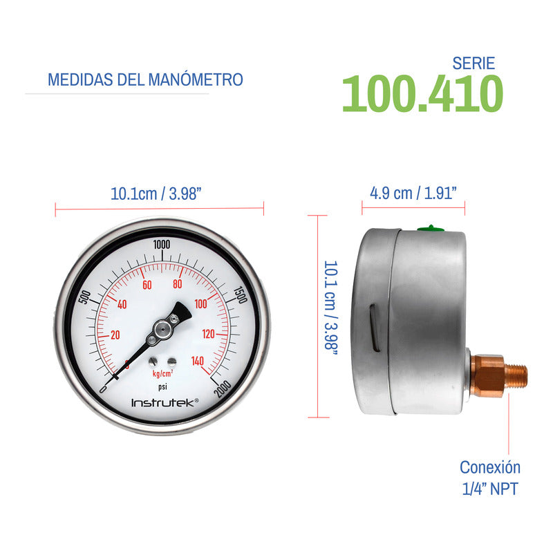 Manómetro 4", lleno de líquido premium, 1/4" NPT, posterior, 2000 psi-kg/cm2