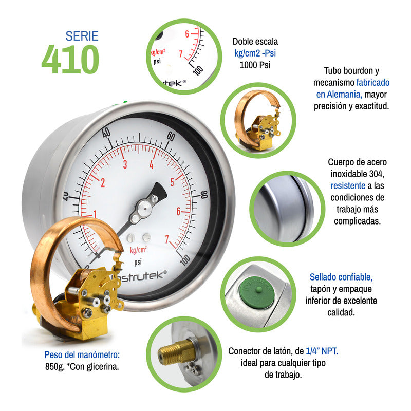 Premium Stainless Steel Glycerin Pressure Gauge, 4 Inch Dial, 100 Psi