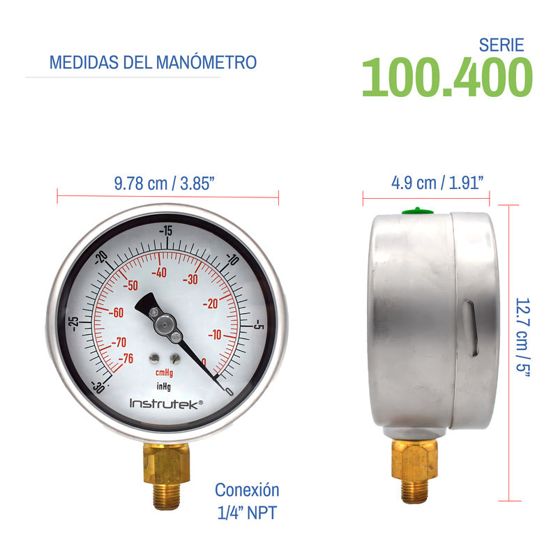 Vacuómetro 4", lleno de líquido premium, 1/4" NPT, inferior, 30 Vac inHg-cmHg