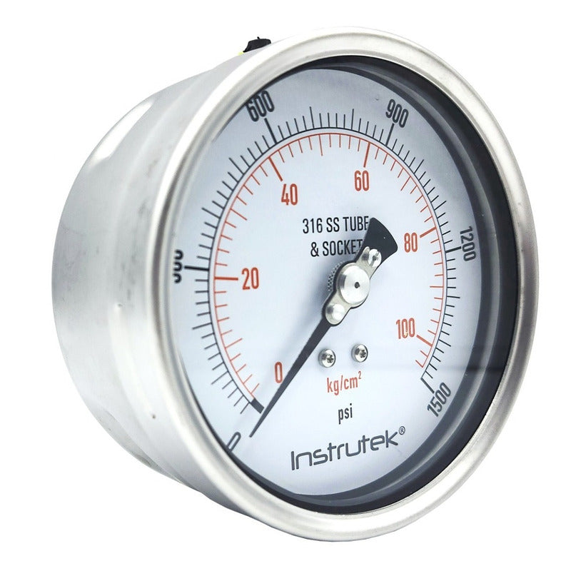 Manómetro 4", acero inoxidable, 1/2" NPT, posterior, 1500 psi-kg/cm2
