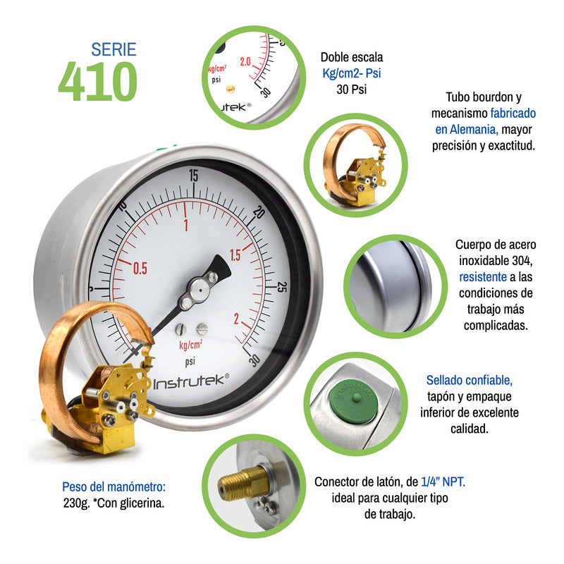 Manómetro 4", lleno de líquido premium, 1/4" NPT, posterior, 30 psi-kg/cm2