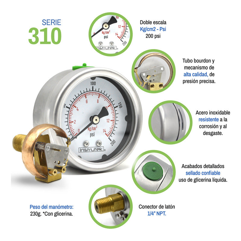 Stainless Steel Glycerin Pressure Gauge 2.5 IN, 200 Psi (air, water)