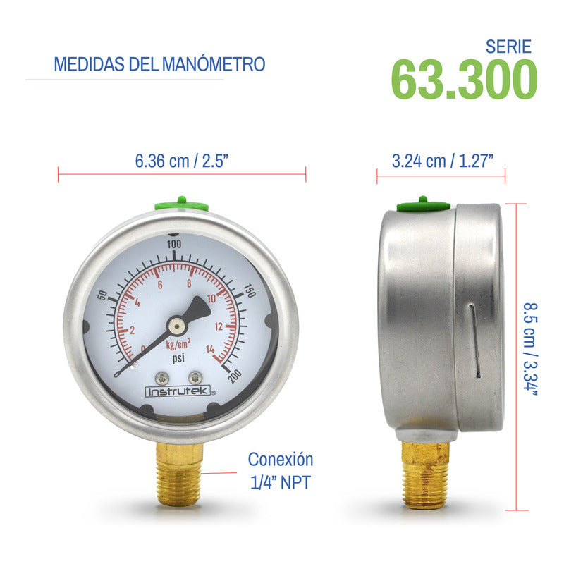 Stainless Steel Glycerin Pressure Gauge 2.5 IN, 200 Psi (air, water)