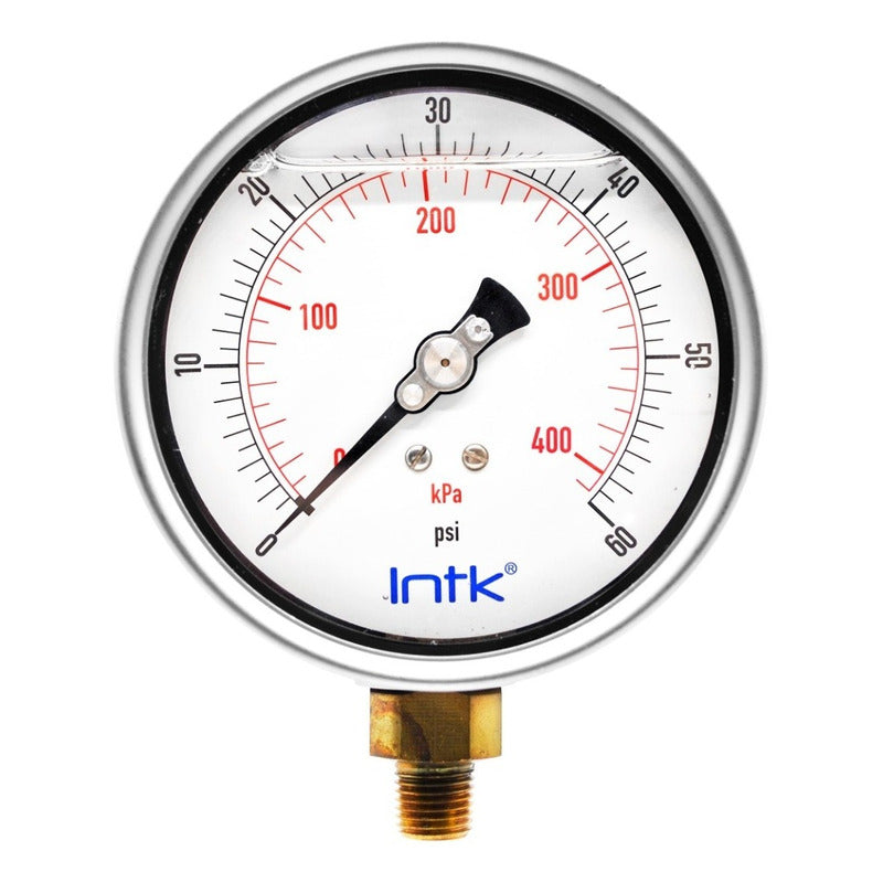 4” Liquid filled (O.E.M.), pressure gauge, 1/4” NPT, bottom connection, 0 to 60 psi-kPa
